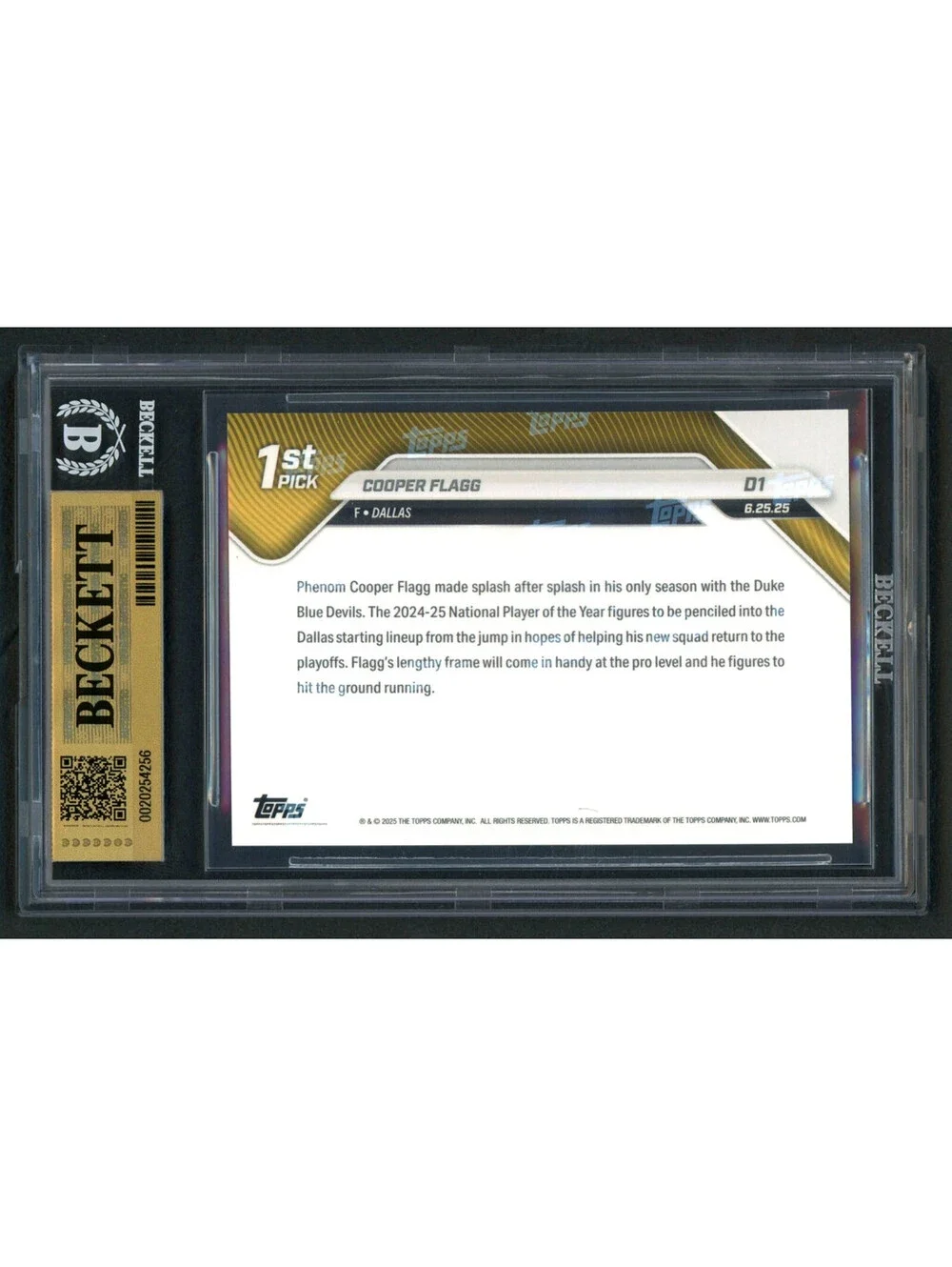 2025 Topps Now NBA #D1 Cooper Flagg 1st Overall Pick Rookie (RC) BGS 10 Pristine